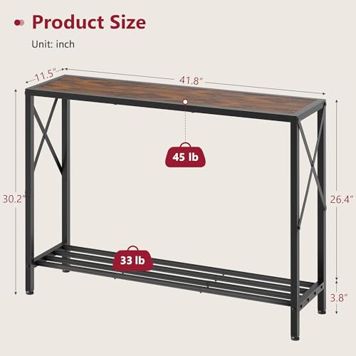 Console Table 41.8", 2 Tier Industrial Entryway Table with Shelves | Narrow Sofa Table with Stable X-Frame, Entrance Table for Entryway, Hallway, Living Room, Foyer, Office, Rustic Brown - color: Rustic Brown