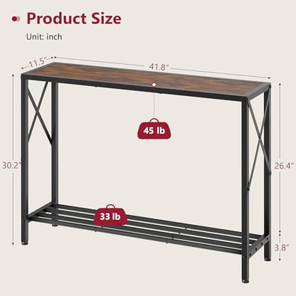 Console Table 41.8", 2 Tier Industrial Entryway Table with Shelves | Narrow Sofa Table with Stable X-Frame, Entrance Table for Entryway, Hallway, Living Room, Foyer, Office, Rustic Brown - color: Rustic Brown