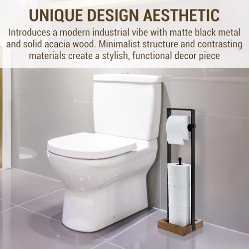 MyGift Freestanding Toilet Paper Holder with Reserve Roll Storage, Bathroom Floor Toilet Paper Holder Stand Organizer, Industrial Matte Black Metal and Burnt Wood