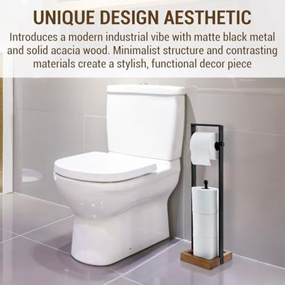 MyGift Freestanding Toilet Paper Holder with Reserve Roll Storage, Bathroom Floor Toilet Paper Holder Stand Organizer, Industrial Matte Black Metal and Burnt Wood