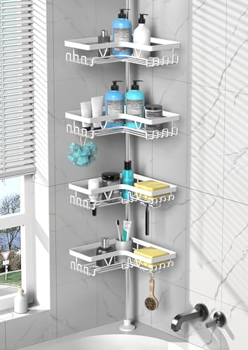 DAOYA Corner Shower Caddy Tension Pole 4 Tier Shower Caddy Organizer White | WIth 28 Hook/2 Soap Dish/ 2 Razor Holder, Rustproof, For Bathtub/Bathroom, Floor to Ceiling 25-114 Inch, Simple Install - color: White