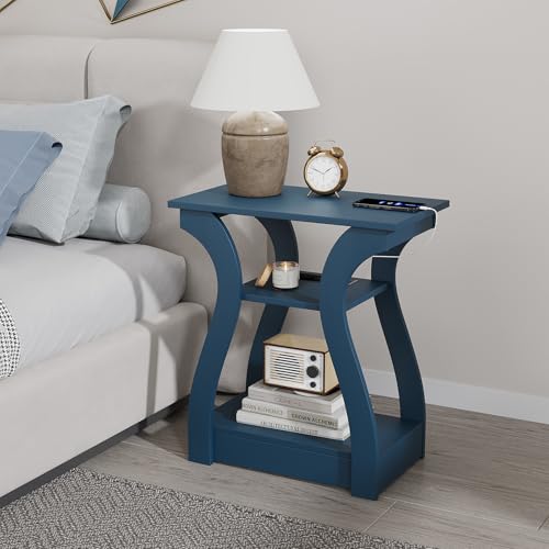 FROMJBEST End Tables Living Room, End Table with Charging Station Navy Blue | Side Table Living Room, with USB Ports and Outlets, Nightstand for Bedroom, 3-Tier Storage Shelf, Bedside Table - color: Navy Blue