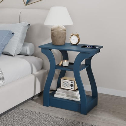 FROMJBEST End Tables Living Room, End Table with Charging Station Navy Blue | Side Table Living Room, with USB Ports and Outlets, Nightstand for Bedroom, 3-Tier Storage Shelf, Bedside Table - color: Navy Blue