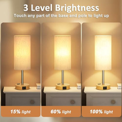 Small Touch Table Lamps Set of 2-3-Way Dimmable, USB A + C Charging, AC Outlet, Wood Grain Base, Bulbs Included - color: Cream - Wood Grain 2, size: 14" Touch Control