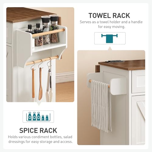 RALGEND Kitchen Island with Drop Leaf & Power Outlet, Rolling Kitchen Island Cart On Wheels, Barn Door Kitchen Island Table with Storage and Tower Rack, Island Table for Kitchen, White and Walnut - color: White + Walnut