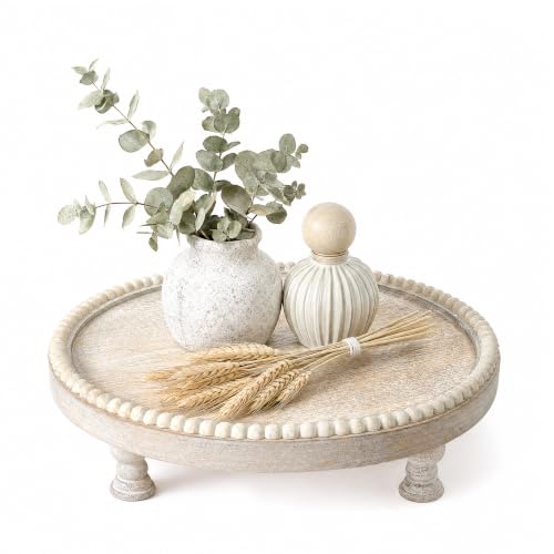 Pine Wood Round Display Riser with Bead for Home Decor, Light Natural | Display Stand for Room Decor, Beaded Pedestal Tray for Plant Stand, Coffee Table Accent, Boho Chic New Home Essential - color: Light-Natural