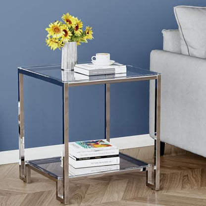 2 Tier Square End Table Side Table with Tempered Glass Top and Silver Stainless Steel Frame Modern Night Stand for Small Spaces Side Table with Storage for Living Room Bedroom - color: Silver, style: Style 1