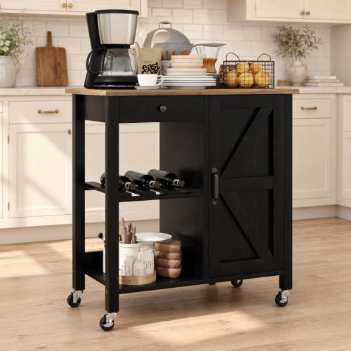 Small Kitchen Island Cart on Wheels with 31.4'' Wood Tabletop, Black | Farmhouse Rolling Kitchen Island with Storage, Lockable Wheels, Drawer, Adjustable Shelf and Wine Rack for Dining Room - style: Black