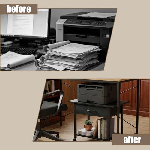 22" x 15" Under Desk Rolling Printer Stand, 2-Tier Industrial Mobile Printer Table with Strong Fabric Drawer, Storage Shelf, Steel Frame and Lockable Wheels, Printer Cart for Home Office (Black) - color: Black