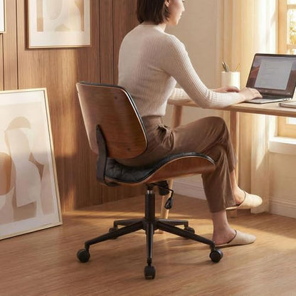 Furnimart Armless Small Desk Chair with Wheels, 360° Swivel Faux Leather Vanity Chair for Bedroom, Compact Home Office Task Chair for Small Spaces, Heavy-Duty Wood Frame(PU Black) - color: Faux Leather-black