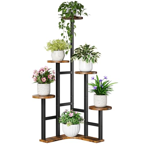 Yzosvki Corner Plant Stand Indoor, 6 Tiered Corner Plant Shelf Flower Stand for Multiple Plants, Plant Shelves Organizer Rack for Living Room, Balcony, Patio, Garden, Round Rustic Brown - color: Rustic Brown, size: 6 Tier-Round