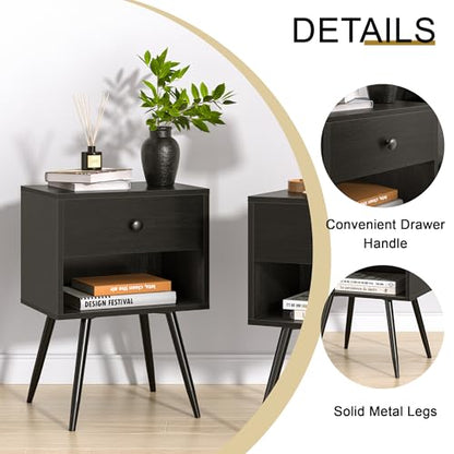 VECELO Nightstands Set of 2, Mid Century Modern End Bedside Table, Night Stand with Storage Drawer and 2 Tiers Open Shelf for Small Place, Bedroom, Living Room, Easy Assembly, Black - color: Black