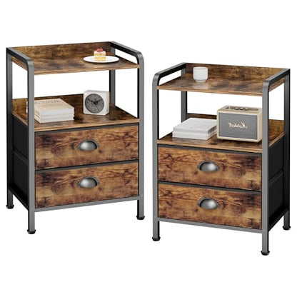 Night Stand Set 2, Nightstand with 2 Fabric Drawer, End Table with Open Shelf, Bedside Table Side Table with Wooden Top for Bedroom, Rustic Brown - color: Brown(2drawer), size: Set of 2