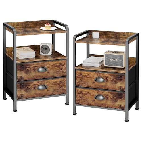 Night Stand Set 2, Nightstand with 2 Fabric Drawer, End Table with Open Shelf, Bedside Table Side Table with Wooden Top for Bedroom, Rustic Brown - color: Brown(2drawer), size: Set of 2