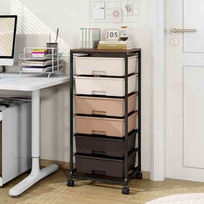 6 Drawer Rolling Storage Cart with Wooden Top and Wheels for Crafts,Brown | Easy Setup, Large Capacity, Sturdy Build, Lockable Mobility, For office, classroom and art studio supplies - color: Brown