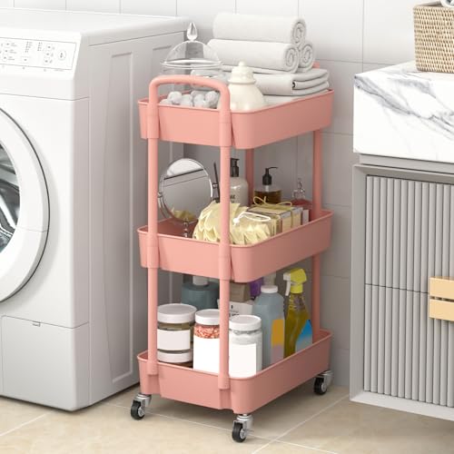 Sywhitta 3-Tier Plastic Rolling Utility Cart with Handle, Multi-Functional Storage Trolley for Office, Living Room, Kitchen, Movable Storage Organizer with Wheels, Pink | Multi-Functional Storage Trolley, for Office, Living Room, Kitchen, Bathroom,Movable