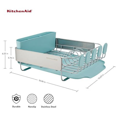 KitchenAid Compact Space Saving Rust Resistant Dish Rack with Removable Flatware Caddy and Angled Self Draining Drainboard, 12.63 x 15.87 x 5.54 Inch, Mineral Water - color: Mineral Water, size: Compact