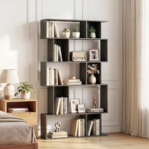 GOFLAME 5-Tier Geometric Bookshelf, 62” Tall Bookcase with 10 Open Back & Closed Back Cubes, Modern Display Book Shelf, S-Shaped Storage Organizer for Living Room, Home Office (1,Gray Oak) - color: Gray Oak