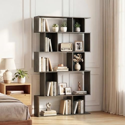 GOFLAME 5-Tier Geometric Bookshelf, 62” Tall Bookcase with 10 Open Back & Closed Back Cubes, Modern Display Book Shelf, S-Shaped Storage Organizer for Living Room, Home Office (1,Gray Oak) - color: Gray Oak