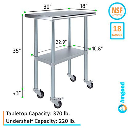 AmGood 30" Long x 18" Deep Stainless Steel Table with Casters - size: 30" Long x 18" Deep