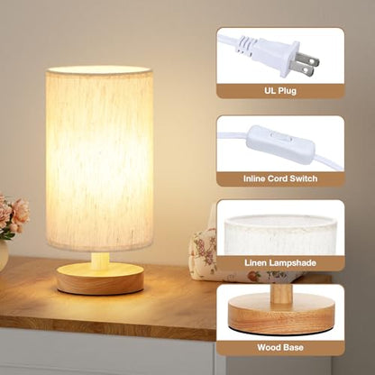 Fenmzee Small Table Lamp for Bedroom - Inline Control, Bedside Lamp with 3000K A15 LED Blub, Easy Assembly (Cream Shade - Wood Base, 9" Inline Control) - color: Cream Shade - Wood Base