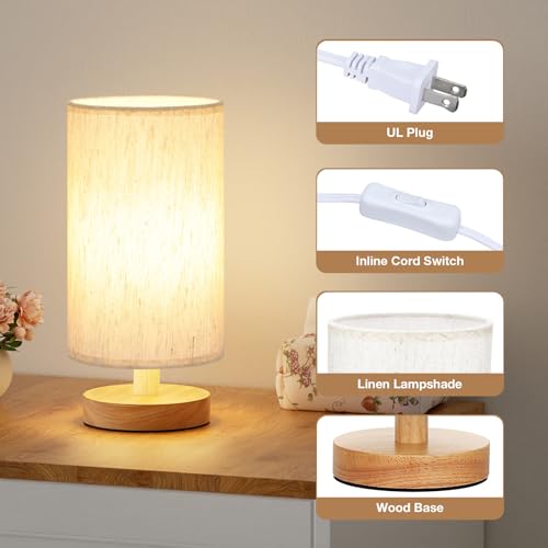 Fenmzee Small Lamps Set of 2 - Inline Control, Bedside Table Lamp for Bedroom with 3000K A15 LED Blub, Easy Assembly (Cream Shade - Wood Base Set of 2, 9" Inline Control) - color: Cream Shade - Wood Base set of 2
