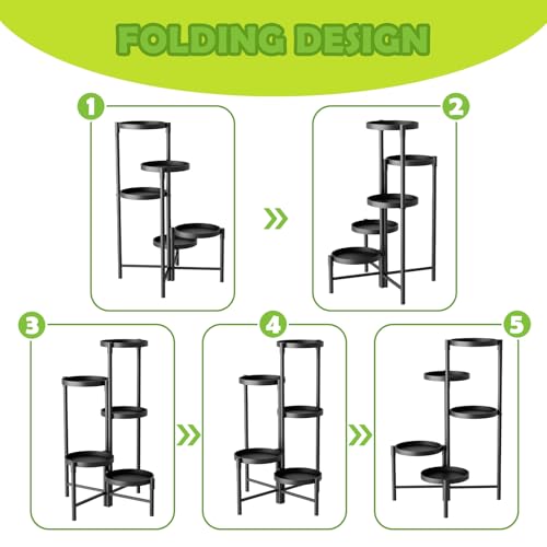5 Tier Heavy Duty Metal Plant Stand for Indoor & Outdoor Use, Foldable Tall Corner Plant Shelf, Black Flower Pot Holder & Display Rack for Living Room, Balcony, Garden, & Patio
