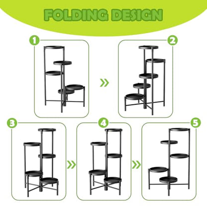 5 Tier Heavy Duty Metal Plant Stand for Indoor & Outdoor Use, Foldable Tall Corner Plant Shelf, Black Flower Pot Holder & Display Rack for Living Room, Balcony, Garden, & Patio