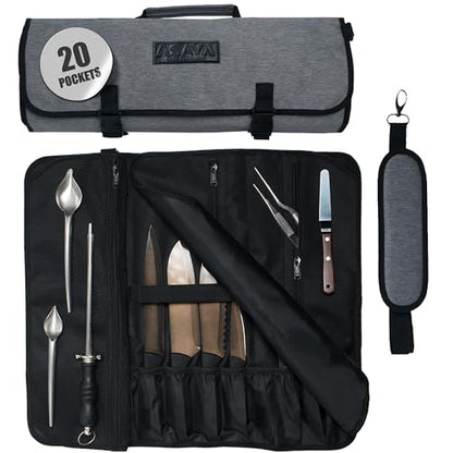 Asaya Waxed Nylon Chef Knife Roll Bag with 20 Slots and Zippered Pockets - Professional Chef Knife Bag & Storage Case, Tool Carrier with Shoulder Strap - Knives Not Included (Grey) - color: Gray