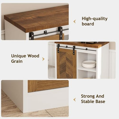 Catrimown Farmhouse Small Coffee Bar Cabinet with Storage, White Coffee Bar Table with Sliding Barn Door, Adjustable Shelves, Bar Cabinet for Kitchen, Dining Living Room, 1 Pack