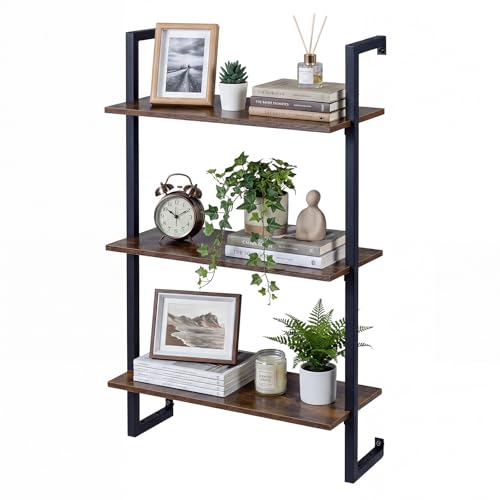Giantex 3-Tier Wall-Mounted Bookshelf, Industrial Floating Storage Display Shelves with Metal Frame, Wood Open Ladder Bookcase for Living Room, Home Office, Kitchen, Rustic Brown + Black - color: Rustic Brown + Black