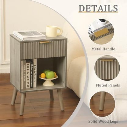 Fultyle Mid Century Modern Nightstand, Wood Bedside Table with Drawer and Open Storage, End Table Living Room Fluted Night Stand with Solid Wood Legs for Bedroom (Grey) - color: Grey