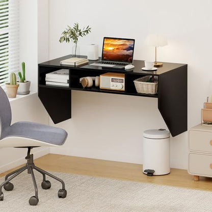 Giantex Wall-Mounted Computer Desk, Floating Laptop Desk with 3 Storage Compartments, Space-Saving Home Office Workstation Vanity Table for Bedroom, Study, Living Room (Black) - color: Black