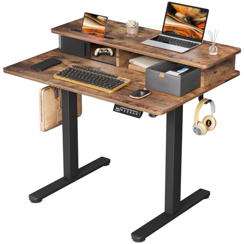 JOY worker Small Electric Standing Desk, 35" x 25" Height Adjustable Desk with Built-in Monitor Stand & Storage Drawer, Sit Stand Desk with 2 Hooks for Home Office, Rustic Brown - color: Rustic Brown, size: 35inch