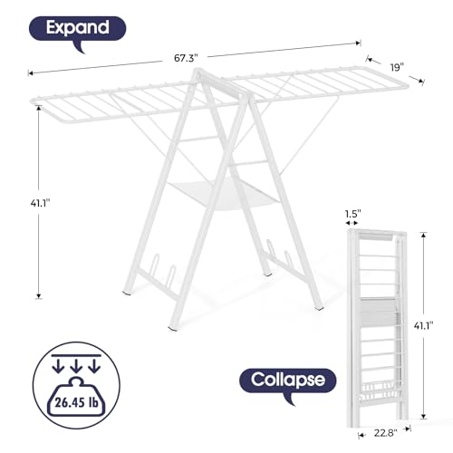 Clothes Drying Rack, 67.7" L Height Adjustable, Foldable, White | 1.5"Folded, No Assembly, Space-Saving, Spacious Design, Adjustable Wings, Clips, Mesh Shelf, Shoe Rack, Indoor & Outdoor Use - color: White