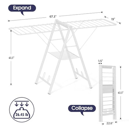 Clothes Drying Rack, 67.7" L Height Adjustable, Foldable, White | 1.5"Folded, No Assembly, Space-Saving, Spacious Design, Adjustable Wings, Clips, Mesh Shelf, Shoe Rack, Indoor & Outdoor Use - color: White
