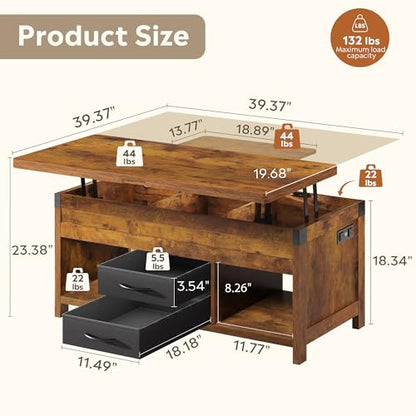 WLIVE 40" Lift Top Coffee Table, 4 in 1 Coffee Tables with Storage, 2 Fabric Drawers, LED Light and USB, Modern Coffee Table with Hidden Compartment for Living Room, Dining Room, Rustic Brown - color: Rustic Brown
