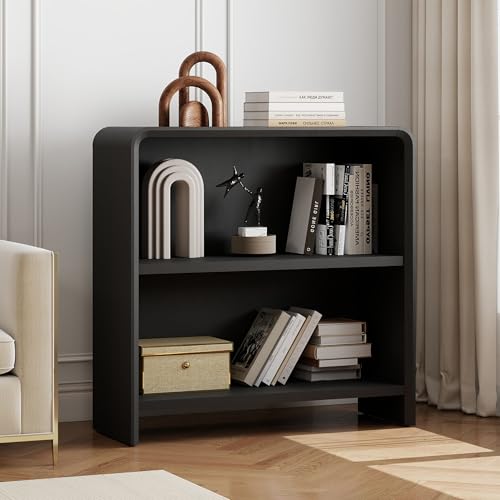 Bevfint 31" Tall 2 Shelves Wood Bookshelf with Curved Soft Edges, Heavy Duty Storage Cabinet for Professional Home Office and Living Room, Modern Black Grain Finish - color: Black Grain, size: 2-Tier Bookcase