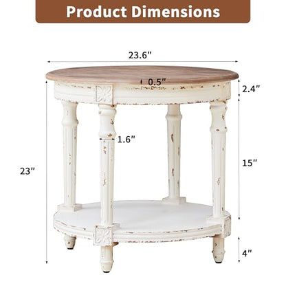 BERRYMERRY 23.6" French Country Round End Table Set of 2, Two Tone Distress 2 Tier Side Table for Living Room Small Space,No Tool Assembly - color: White 2pcs