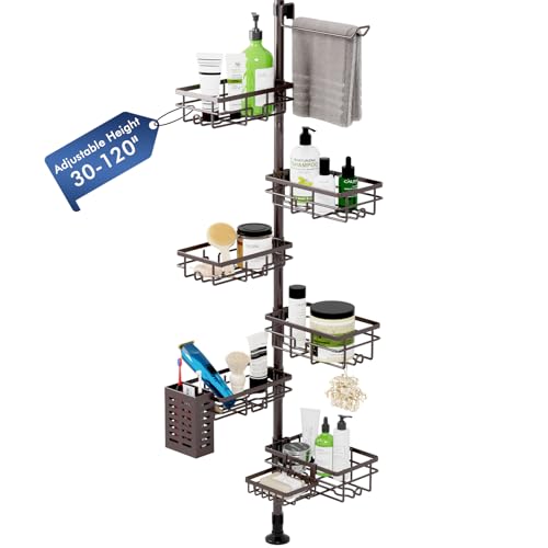 Corner Shower Caddy Tension Pole, Bathroom Organizer and Storage for Shower | Adjustable 30-120 Inch Shelves, 6-Tier Shelf, Rustproof Towel Bar & Soap Dish &Toothbrush Holder Shower Rack - color: Bronze