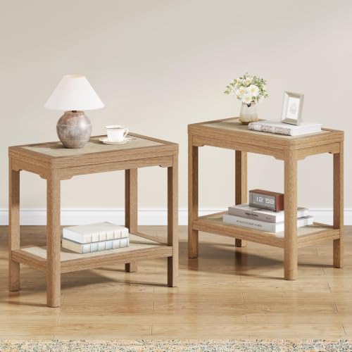 Eclatara Rattan Side Table End Table Nightstand Set of 2 with Round Edge | 2 Tier Rattan Night Stand, Farmhouse Boho Bedside Tables with Ultra-Thick Legs for Bedroom Living Room(Natural Oak,2 Pieces) - color: Natural Oak, Round Edges