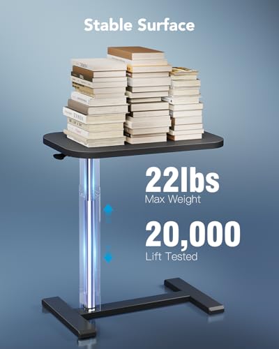 HUANUO 32Inch Bedside Table with Wheels, Height-Adjustable Rolling Computer Cart, Overbed Table with Cup Holder, Pneumatic Laptop Standing Desk for Home Office, Black - color: Black, size: Large-32 Inch