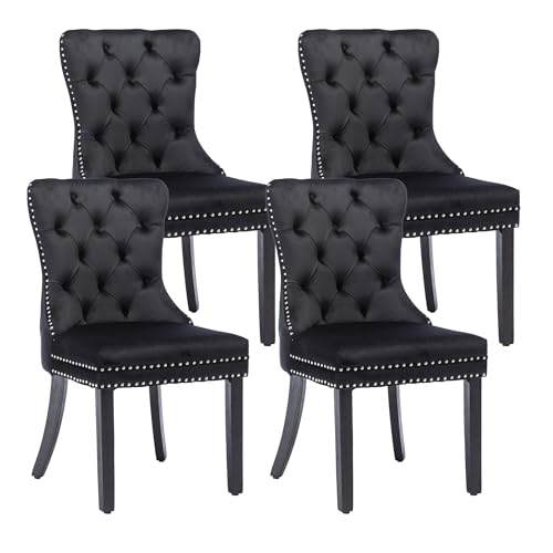 KCC Velvet Dining Chairs Set of 4, Upholstered High-end Tufted Dining Room Chair with Nailhead Back Ring Pull Trim Solid Wood Legs, Nikki Collection Modern Style for Kitchen, Black - color: Black, size: Set of 4