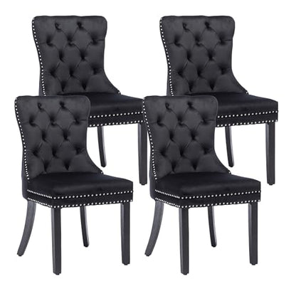 KCC Velvet Dining Chairs Set of 4, Upholstered High-end Tufted Dining Room Chair with Nailhead Back Ring Pull Trim Solid Wood Legs, Nikki Collection Modern Style for Kitchen, Black - color: Black, size: Set of 4