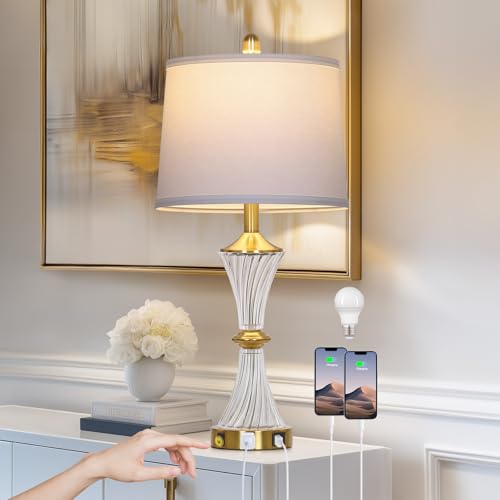 Rinweey Crystal Glass Table Lamp with USB C+A Ports & AC Outlet,Modern Bedroom Lamps,Gold Lamp for Night Stands Bedroom Living Room,Nightstand Lamp LED Bulbs Included,Single Gold - color: Gold-1P