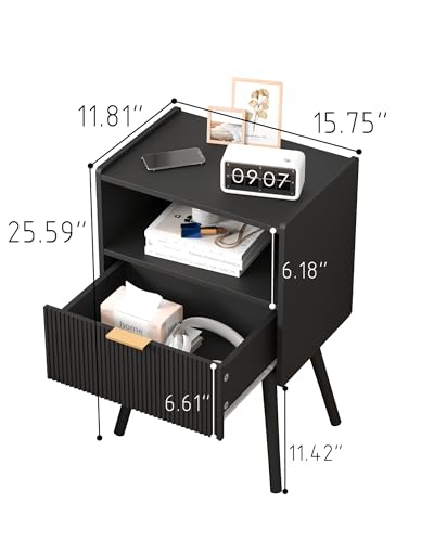 JOONEE Black Nightstand,Modern Bedside Table with Storage Drawer and Open Wood Shelf, for Living Room, Bedroom and Small Spaces, Accent Night Stand with Solid Wood Legs, Easy Assembly,Classic Black - color: Black
