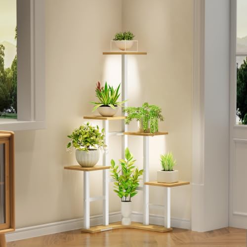 Yzosvki Corner Plant Stand Indoor with Grow Lights, 6 Tiered Corner Plant Shelf Flower Stand for Multiple Plants, Plant Shelves Organizer Rack for Living Room, Balcony, Patio, Square White Oak - color: White Oak(with Lights), size: 6 Tier-Square