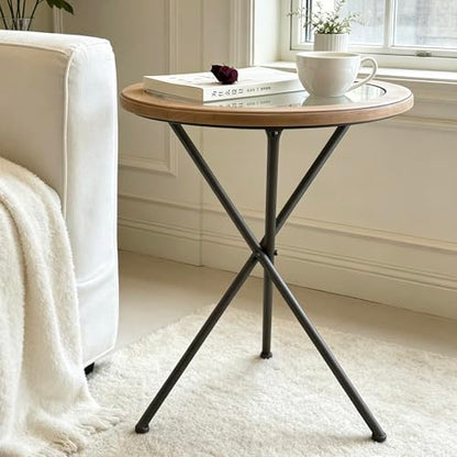 Minimalist Mid-Century Modern Round End Table, Solid Wood Tempered Glass Side Table, Accent Table with Metal Tripod Legs for Living Room, Bedroom, Balcony, Office & Small Spaces (17.22" D x 21.26" H)