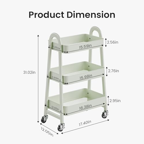 DUMOS 3 Tiers Metal Rolling Utility Cart with Lockable Wheels, Mobile Storage Organizer, Utility Shelving Unit for Kitchen, Office, Bathroom, Laundry, Narrow Places, Light Green - color: 3-tier Green