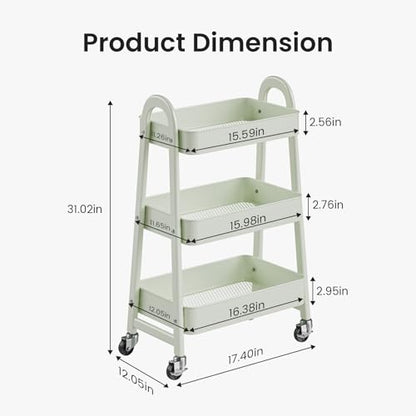 DUMOS 3 Tiers Metal Rolling Utility Cart with Lockable Wheels, Mobile Storage Organizer, Utility Shelving Unit for Kitchen, Office, Bathroom, Laundry, Narrow Places, Light Green - color: 3-tier Green